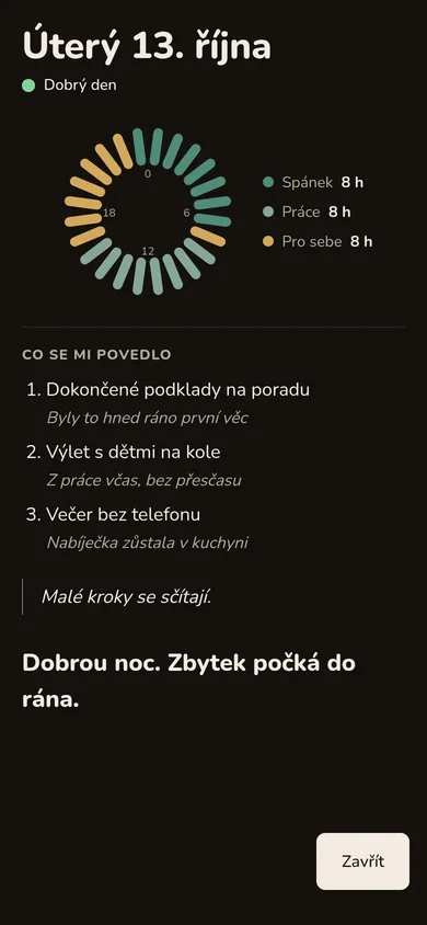 Večerní zápis: ciferník dne se spánkem, prací a časem pro sebe po 8 hodinách a tři věci, které se povedly